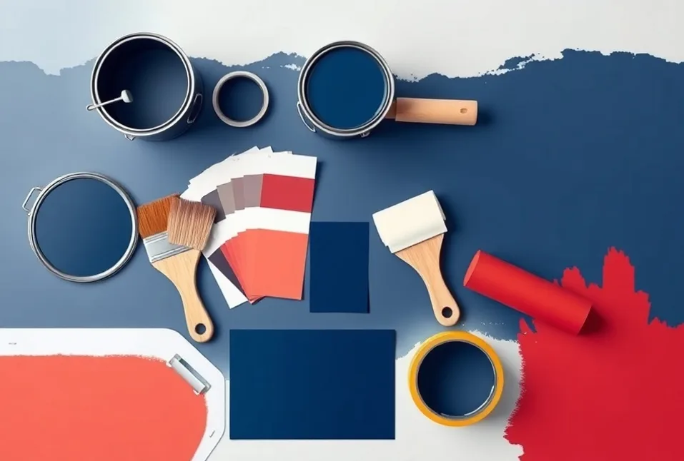 Pots de peinture, nuancier, brosses et rouleaux disposés à plat