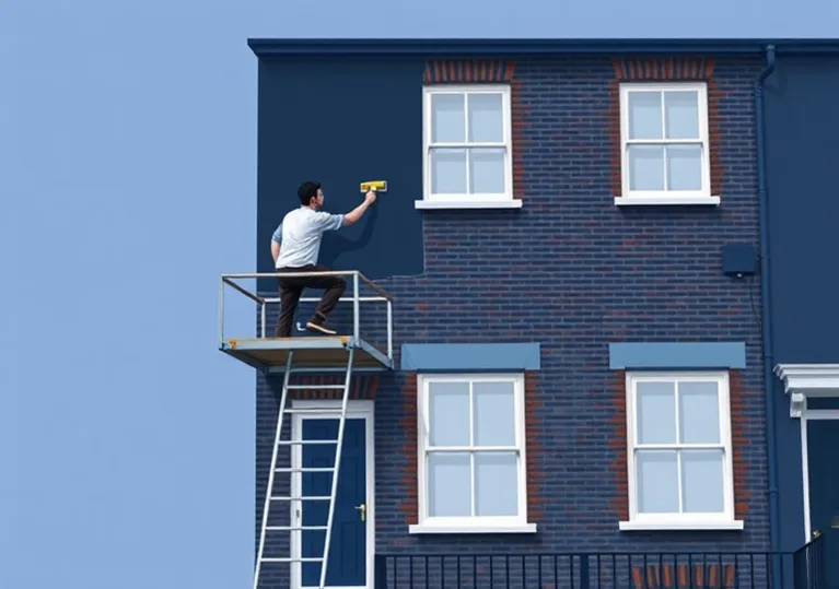 Peintre sur échafaudage traitant la façade d'une maison