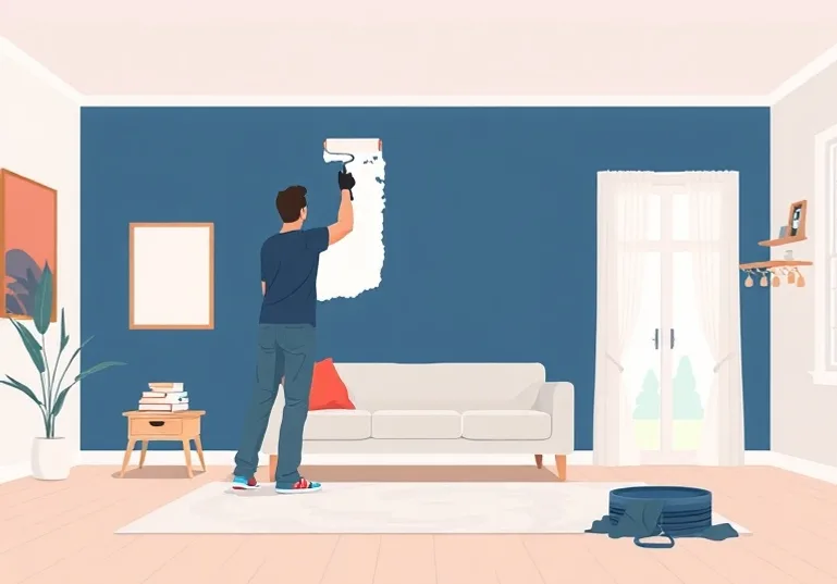 Peintre appliquant la peinture au rouleau sur un mur de salon